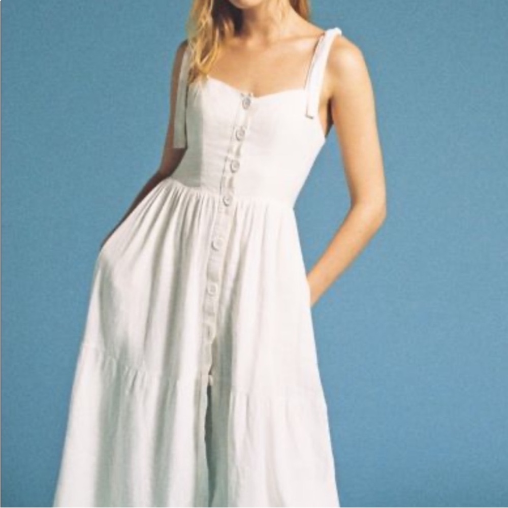 100% COTTON UO Positano Tie-Shoulder Midi Dress, Sweetheart Neckline, Pocket